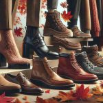 A high-definition, realistic image showcasing the latest trends in fall footwear. The roughly organized display shows a variety of shoes for the season. This includes ankle boots with chunky heels in earth tones, men's leather boots with elegant stitching, suede loafers for a South Asian woman, a pair of reliable hiking boots worn by a middle-aged Caucasian man, and athletic shoes for an active Black teenager. The scene is set against a backdrop of falling autumn leaves in vibrant hues of red, orange, and yellow, enhancing the overall fall setting.