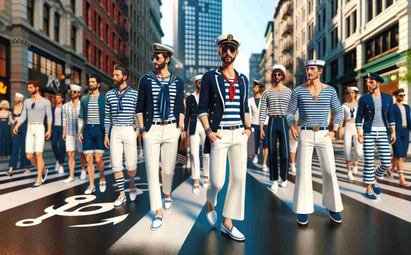 A high-definition, realistic image showcasing a vibrant scene where nautical-inspired fashion has taken over the streets. People of various genders and descents sporting sailor-themed outfits: striped shirts, navy blazers, white pants and bell bottom trousers, boating shoes, and hats typically associated with seafaring, like captain hats and sailor caps. The sidewalks filled with stylish pedestrians, while the street is adorned with playful, sea-related decorations such as anchors, ship wheels, and lifebuoys. This unexpected fashion trend gives the city an intriguing maritime charm.