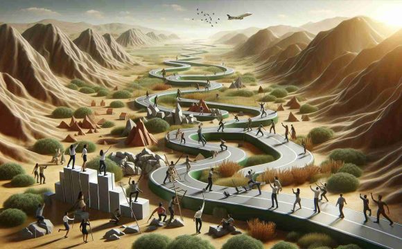 A high-definition, realistic image representing a diverse journey to success. The image could feature a winding road traversing varied landscapes, symbolizing hurdles and challenges to overcome. Passing through these landscapes, there could be men and women of various descents such as Caucasian, Hispanic, Black, Middle-Eastern, and South Asian, each contributing their unique abilities to overcome an obstacle along the path, representing teamwork and unity. Some could be planning the path with maps, some could be building bridges over obstacles, and others might be motivating their team. Each person's success is a step forward in the communal journey, demonstrating progress and achievement.