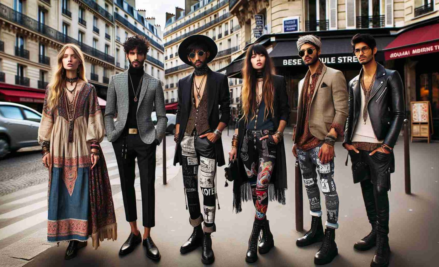 High-definition image showcasing Parisian fashion in a new light: embracing a mix of eclectic styles. The picture includes several individuals in a bustling Paris street. A Caucasian woman wearing a boho chic ensemble, complete with a hat and bangles. A Middle-Eastern man in a sharp suit with paisley patterns. A Black woman sporting a combination of punk and street style with a leather jacket and graffiti-inspired leggings. A South Asian man in a fusion of traditional attire and modern fashion sensibilities, donning a kurta paired with skinny jeans and sneakers.