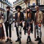 High-definition image showcasing Parisian fashion in a new light: embracing a mix of eclectic styles. The picture includes several individuals in a bustling Paris street. A Caucasian woman wearing a boho chic ensemble, complete with a hat and bangles. A Middle-Eastern man in a sharp suit with paisley patterns. A Black woman sporting a combination of punk and street style with a leather jacket and graffiti-inspired leggings. A South Asian man in a fusion of traditional attire and modern fashion sensibilities, donning a kurta paired with skinny jeans and sneakers.