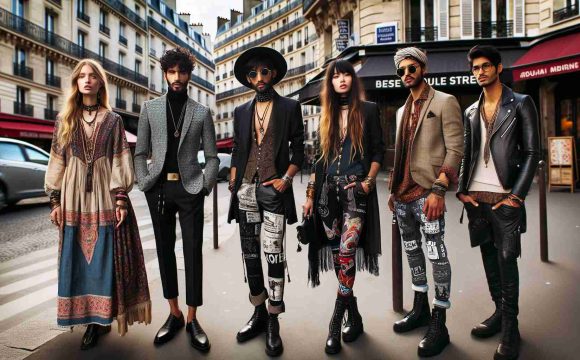 High-definition image showcasing Parisian fashion in a new light: embracing a mix of eclectic styles. The picture includes several individuals in a bustling Paris street. A Caucasian woman wearing a boho chic ensemble, complete with a hat and bangles. A Middle-Eastern man in a sharp suit with paisley patterns. A Black woman sporting a combination of punk and street style with a leather jacket and graffiti-inspired leggings. A South Asian man in a fusion of traditional attire and modern fashion sensibilities, donning a kurta paired with skinny jeans and sneakers.