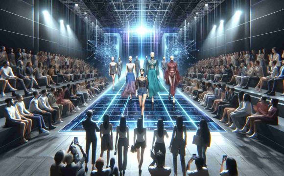 Generate a high-definition, realistic image that portrays the revolution of the fashion industry embracing digital runways. The image should capture the transition from traditional catwalks to digital platforms showcasing varied designs. It may include models of mixed gender and various descents, presenting an array of fashionable garments on a digital display. Also include fashion enthusiasts and industry professionals observing and interacting with the digital runway, signaling a dynamic shift towards the technological integration in fashion.