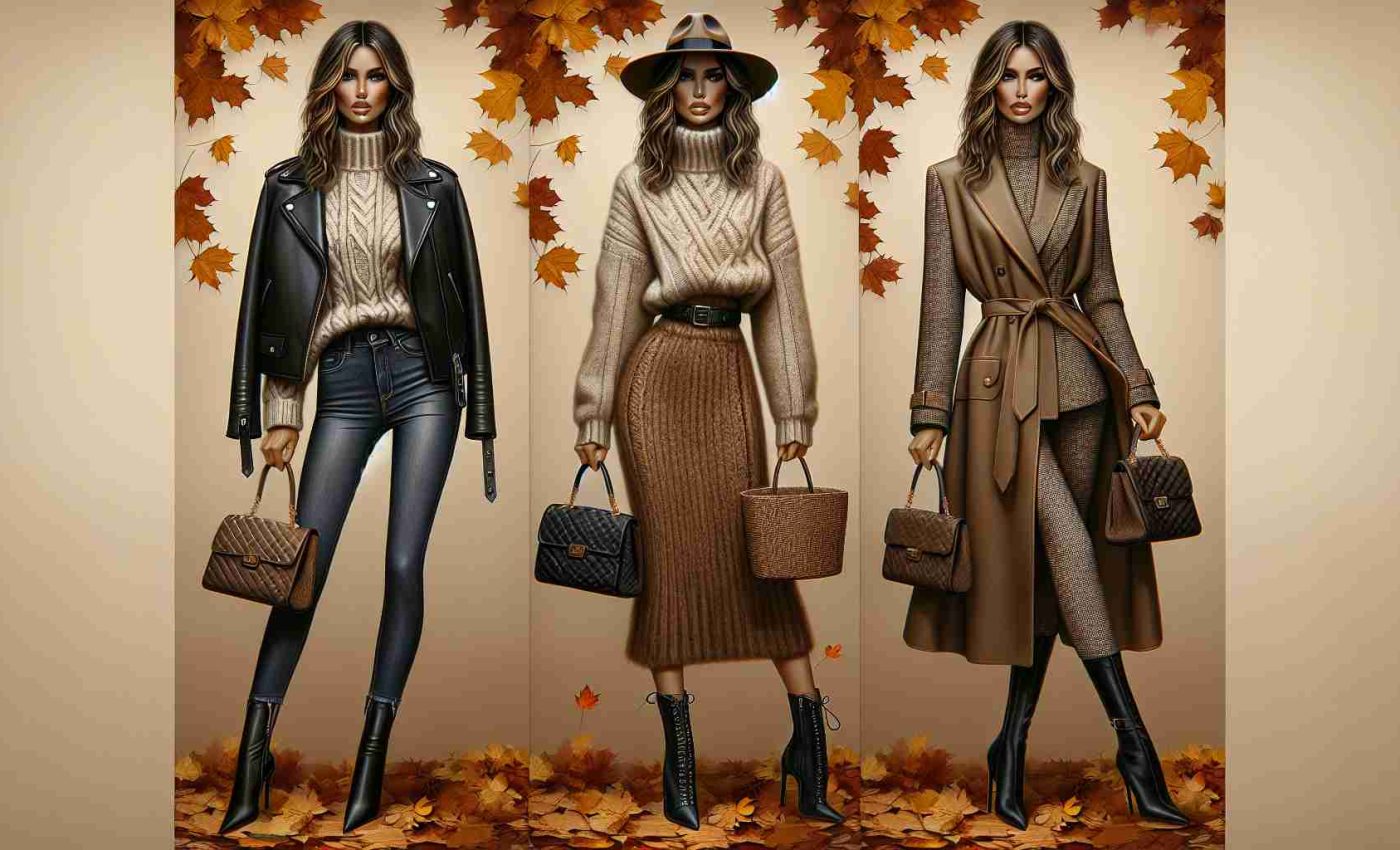 An HD image that portrays a woman's fashion evolution spanning through autumnal styles. The woman is a high-profile model with a tall, slender physique akin to a fashion runway model. She should be seen in three different outfit evolutions: firstly in a tailored leather jacket with skintight jeans and a classic autumn fedora; secondly in a cosy oversized knit sweater paired with midi woolen skirt and knee high boots; and finally in a high-fashion trench coat with a designer quilted handbag and pointed toe boots. Fall leaves in the backdrop for a seasonal setup.