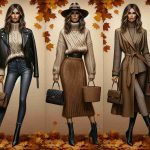 An HD image that portrays a woman's fashion evolution spanning through autumnal styles. The woman is a high-profile model with a tall, slender physique akin to a fashion runway model. She should be seen in three different outfit evolutions: firstly in a tailored leather jacket with skintight jeans and a classic autumn fedora; secondly in a cosy oversized knit sweater paired with midi woolen skirt and knee high boots; and finally in a high-fashion trench coat with a designer quilted handbag and pointed toe boots. Fall leaves in the backdrop for a seasonal setup.