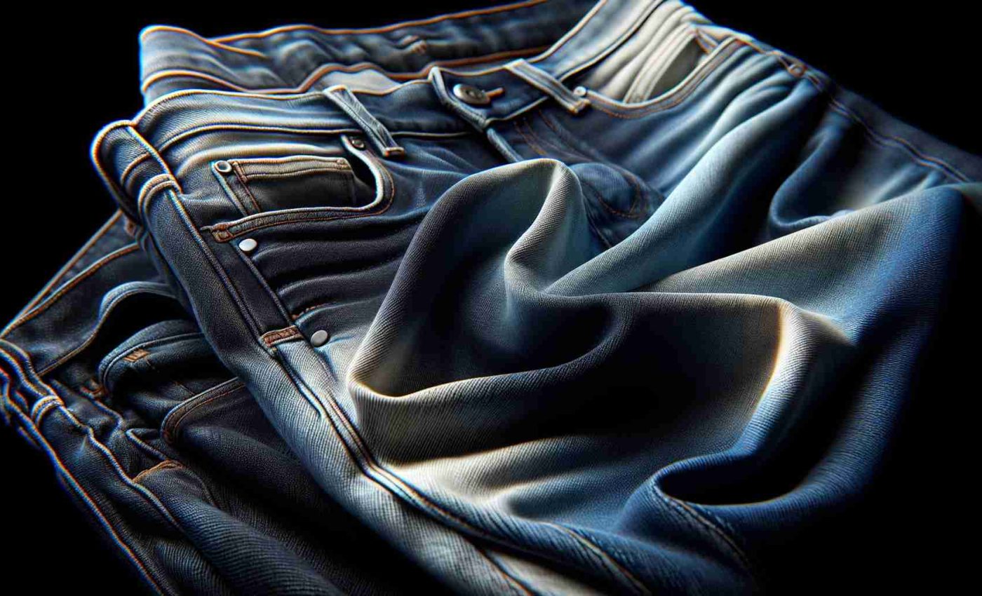 Create a hyper-realistic image that showcases a pair of jeans. The denim trousers should embody the timeless essence of this wardrobe staple. Emphasize the texture of the denim fabric, the contrast of the rivets, seams, and stitching, as well as the characteristic color gradient that jeans typically have, transitioning from a dark indigo to a faded blue. The jeans should be depicted in a way that highlights its enduring appeal in fashion.