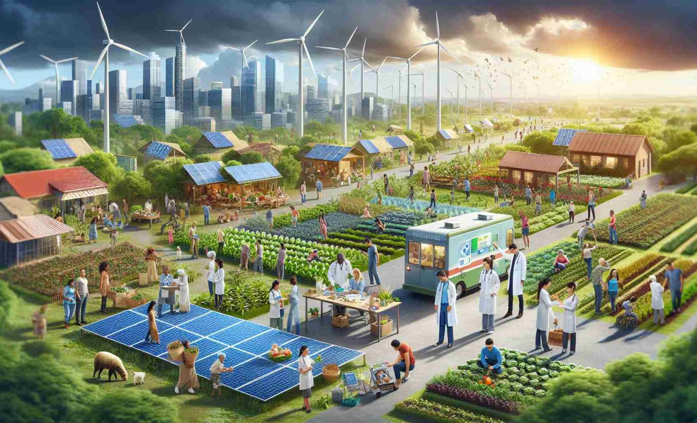 A high-definition image that portrays the concept of empowering communities through sustainable development and healthcare initiatives. This image should depict a vibrant and thriving community in a region that has transitioned to sustainable infrastructure, with solar panels, windmill farms, greenery and eco-friendly facilities. Humans are involved in various activities, with one group nurturing plants in a community garden, signaling sustainable development. Another group of diverse individuals (Hispanic female and Caucasian male) are seen providing healthcare services, demonstrating a mobile clinic with the doctors serving the community. Emphasis should be placed on the idea of community, progress, and wellness.