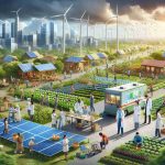 A high-definition image that portrays the concept of empowering communities through sustainable development and healthcare initiatives. This image should depict a vibrant and thriving community in a region that has transitioned to sustainable infrastructure, with solar panels, windmill farms, greenery and eco-friendly facilities. Humans are involved in various activities, with one group nurturing plants in a community garden, signaling sustainable development. Another group of diverse individuals (Hispanic female and Caucasian male) are seen providing healthcare services, demonstrating a mobile clinic with the doctors serving the community. Emphasis should be placed on the idea of community, progress, and wellness.