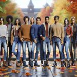 Realistic, high-definition image of a guide demonstrating how to style jeans for the Fall season in 2024. The guide should include a variety of jeans types such as skinny, straight-leg, and bootcut. It should also feature several types of fall-appropriate clothing items paired with the jeans, like cardigans, knit sweaters, and leather boots. A variety of models of different descents including Caucasian, Black, Hispanic, Middle-Eastern, and South Asian, and of both genders should be present, each showcasing a different outfit. The setting is in an outdoor location with a backdrop of brightly-colored fall leaves.