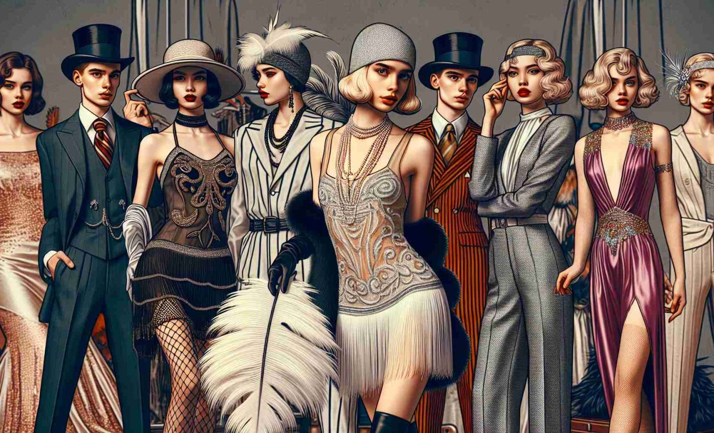 High-definition image illustrating the exploration of the legacy of vintage fashion icons. Present a scene that captures a mix of classic designer outfits from different eras, with people trying on various vintage styled costumes. Include elements like feathered hats of the Edwardian era on a Caucasian woman, the chic flapper dresses of the 1920s on an Asian woman, the bold, colorful mod looks of the 1960s on a Hispanic woman, and the glamorous disco fashion of the 70s on a Black woman.