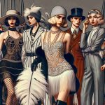 High-definition image illustrating the exploration of the legacy of vintage fashion icons. Present a scene that captures a mix of classic designer outfits from different eras, with people trying on various vintage styled costumes. Include elements like feathered hats of the Edwardian era on a Caucasian woman, the chic flapper dresses of the 1920s on an Asian woman, the bold, colorful mod looks of the 1960s on a Hispanic woman, and the glamorous disco fashion of the 70s on a Black woman.