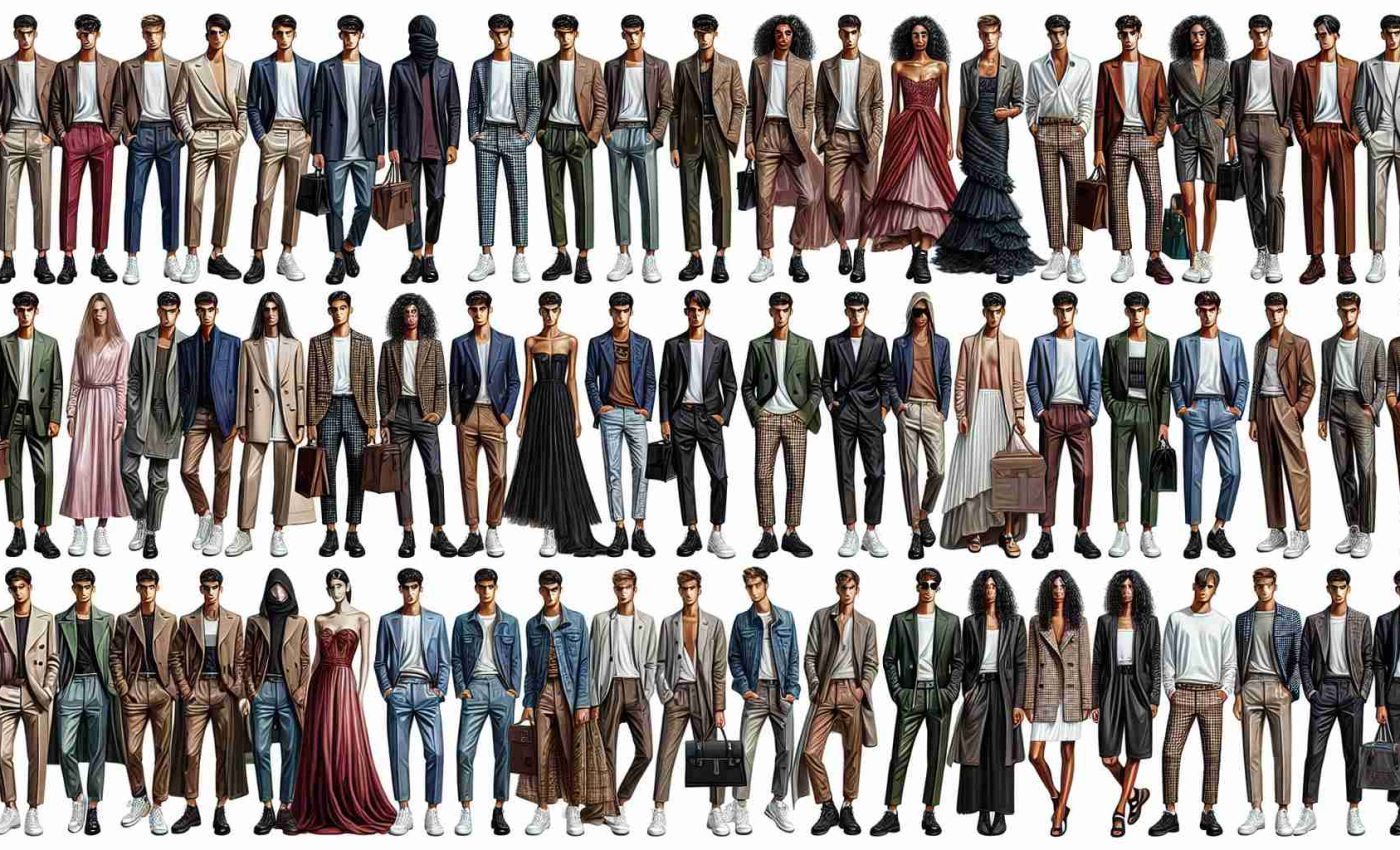 Detailed and high-definition image displaying a variety of fashion trends from the latest season. The image should contain several outfits, each unique in design and style. Showcase both masculine and feminine styles, with models from diverse descents such as Caucasian, Middle-Eastern, Hispanic, South Asian, and Black. The items of clothing might range from elegant gowns and suits to urban wear, and daily outfits, presented in an atmosphere of a bustling city or an elegant runway, indicating their place in contemporary fashion.