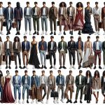 Detailed and high-definition image displaying a variety of fashion trends from the latest season. The image should contain several outfits, each unique in design and style. Showcase both masculine and feminine styles, with models from diverse descents such as Caucasian, Middle-Eastern, Hispanic, South Asian, and Black. The items of clothing might range from elegant gowns and suits to urban wear, and daily outfits, presented in an atmosphere of a bustling city or an elegant runway, indicating their place in contemporary fashion.