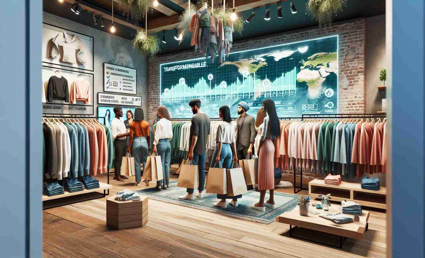 High-definition image of a transformable fashion retail setting. The scene depicts several clothing racks filled with garments made from sustainable materials like organic cotton, recycled polyester, and bamboo. In the background, there is an info-board highlighting the importance of embracing sustainable practices in fashion. The walls are adorned with eco-friendly decorations. A diverse group of customers, including a Middle-Eastern man, a Black woman, a South Asian woman, and a Caucasian man, are browsing through the clothing, with reusable shopping bags in their hands. Throughout the store, signs emphasize environmental awareness.