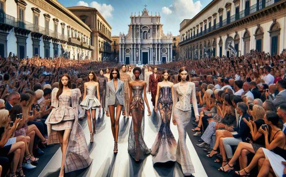 Craft a realistic, high-definition representation of a ground-breaking fashion show in Catania, Italy. Picture a well-lit runway underneath the open sky. On the catwalk, a diverse group of models proudly strut the stage. Imagine an Asian woman wearing a fantastically structured dress, a Caucasian man showcasing a daring suit, and a Hispanic woman decked out in an avant-garde ensemble. The crowd surrounding them is a mix of spellbound audience members, diligent photographers and passionate fashion enthusiasts. The backdrop features famous Sicilian architecture, adding a captivating mix of old world charm with forward-thinking fashion.