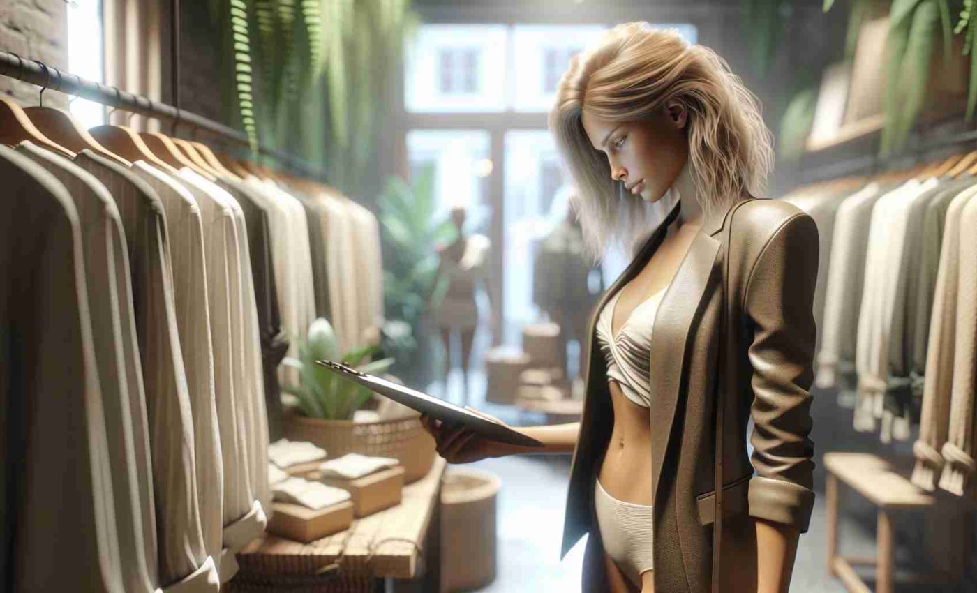 A realistic, high-definition image of a slender, blonde-haired woman venturing into the world of sustainable fashion. She's deeply engrossed in examining the textile quality and design of the eco-friendly garments on display. The setting is a trendy boutique filled with recycled and environmentally friendly fashion items: vegan leather jackets, organic cotton shirts, bamboo fiber dresses, and accessories made from repurposed materials.