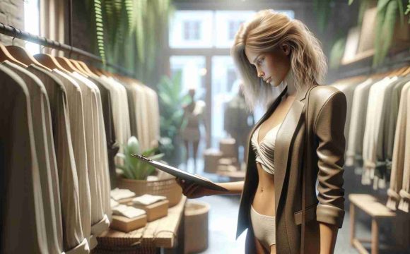 A realistic, high-definition image of a slender, blonde-haired woman venturing into the world of sustainable fashion. She's deeply engrossed in examining the textile quality and design of the eco-friendly garments on display. The setting is a trendy boutique filled with recycled and environmentally friendly fashion items: vegan leather jackets, organic cotton shirts, bamboo fiber dresses, and accessories made from repurposed materials.