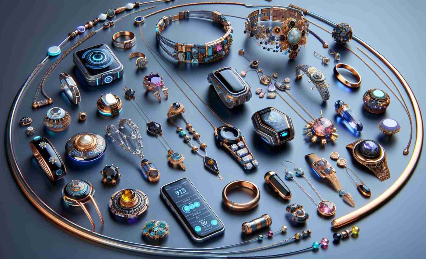 Detailed, realistic, and high-definition image showing emerging trends in jewelry design for the year 2030. The image should display a variety of unique and forward-thinking pieces that might become popular in the indicated time period. This includes necklaces, bracelets, earrings, rings and more. The designs should reflect futuristic styles and technology, perhaps integrating elements such as sustainable materials, smart technology compatibility, or innovative uses of gemstones and metals. Different cultural influences from around the world should also be present in the designs to showcase the diversity and global nature of future jewelry trends.