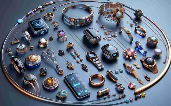 Detailed, realistic, and high-definition image showing emerging trends in jewelry design for the year 2030. The image should display a variety of unique and forward-thinking pieces that might become popular in the indicated time period. This includes necklaces, bracelets, earrings, rings and more. The designs should reflect futuristic styles and technology, perhaps integrating elements such as sustainable materials, smart technology compatibility, or innovative uses of gemstones and metals. Different cultural influences from around the world should also be present in the designs to showcase the diversity and global nature of future jewelry trends.