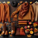 High-definition, realistic representation of contemporary autumn fashion trends, focusing on the incorporation and celebration of warm colors. Concept should include an array of practical, comfortable clothing items such as cozy sweaters, scarves, and stylish boots. They all are in vibrant warm colors such as burnt orange, sunrise yellows, deep reds, and rich browns. Layout should also portray the feel of autumn by incorporating elements like falling leaves, pine cones and autumn fruits in the background.