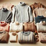 Produce a realistic, high-definition image showcasing an arrangement of cozy sweaters as a timeless wardrobe essential. Include a range of different sweater styles such as cable knit, ribbed, and turtleneck, all exhibited in a variety of colors. Create an inviting, warm atmosphere reflective of the comfort and utility these garments provide, along with their long-lasting fashionable appeal.