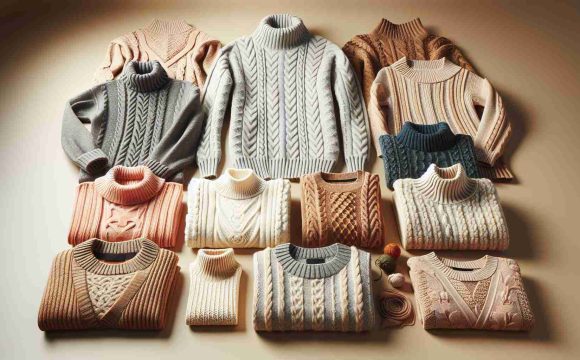 Produce a realistic, high-definition image showcasing an arrangement of cozy sweaters as a timeless wardrobe essential. Include a range of different sweater styles such as cable knit, ribbed, and turtleneck, all exhibited in a variety of colors. Create an inviting, warm atmosphere reflective of the comfort and utility these garments provide, along with their long-lasting fashionable appeal.