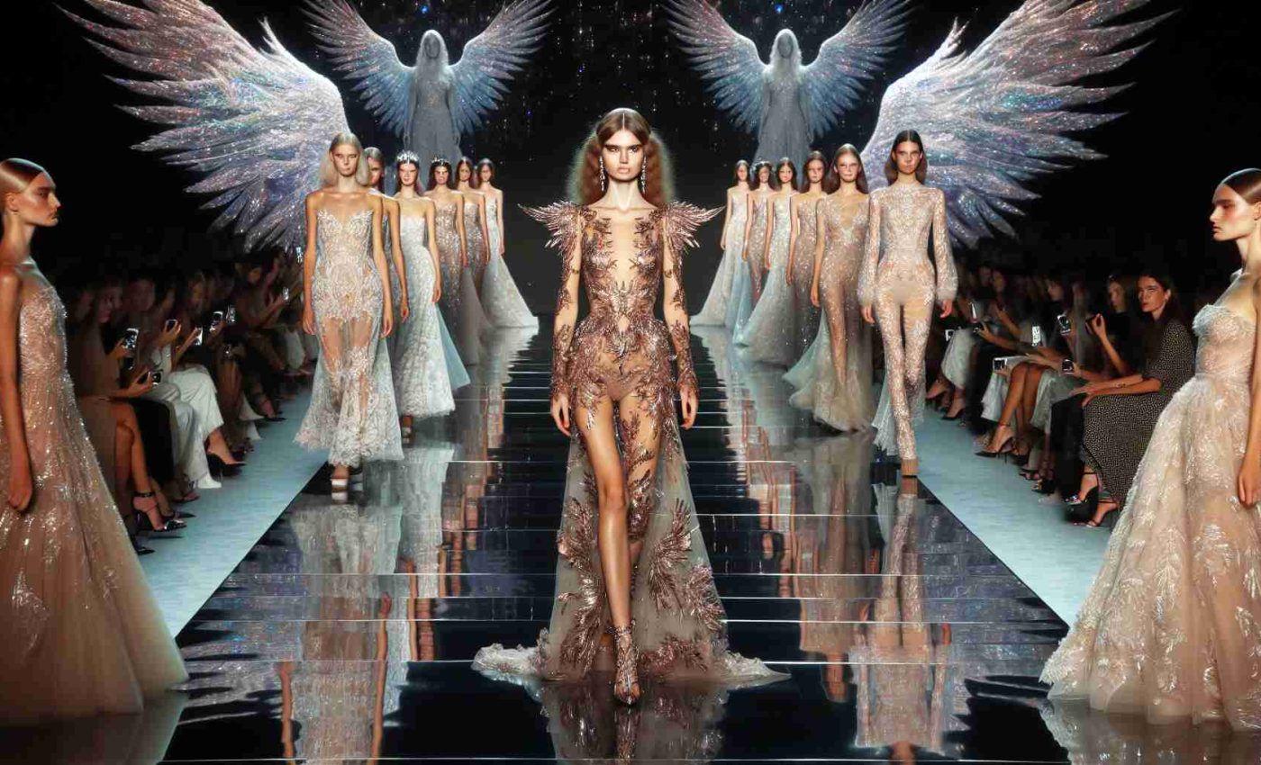 Generate a realistic HD image of a spectacular fashion runway event. It is envisioned as an 'Angelic Extravaganza' showcasing new designs, with models adorned in intricate, angelic ensembles. The models should radiate confidence as they walk down the runway. The audience members are engaged and dazzled by the extraordinary display of fashion. Decor is grand and appears heavenly, with soft, iridescent lighting illuminating the models and highlighting the finesse of the clothes.