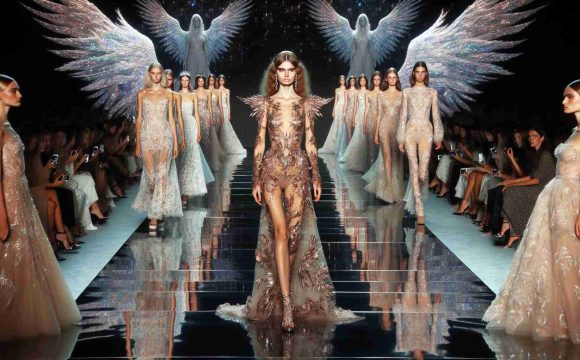 Generate a realistic HD image of a spectacular fashion runway event. It is envisioned as an 'Angelic Extravaganza' showcasing new designs, with models adorned in intricate, angelic ensembles. The models should radiate confidence as they walk down the runway. The audience members are engaged and dazzled by the extraordinary display of fashion. Decor is grand and appears heavenly, with soft, iridescent lighting illuminating the models and highlighting the finesse of the clothes.