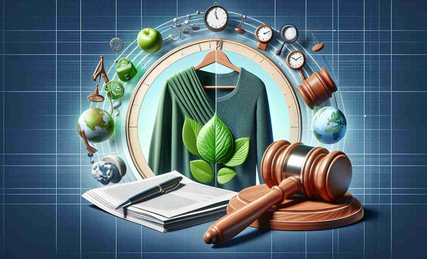 A high-definition, realistic illustration related to the concept that effective rules and regulations are crucial to the sustainable transition in the fashion industry. The image can include various symbolic elements such as a green clothing piece symbolizing eco-friendly fashion, a gavel representing enforcement of rules, and a traditional analog clock indicating transition or change over time.