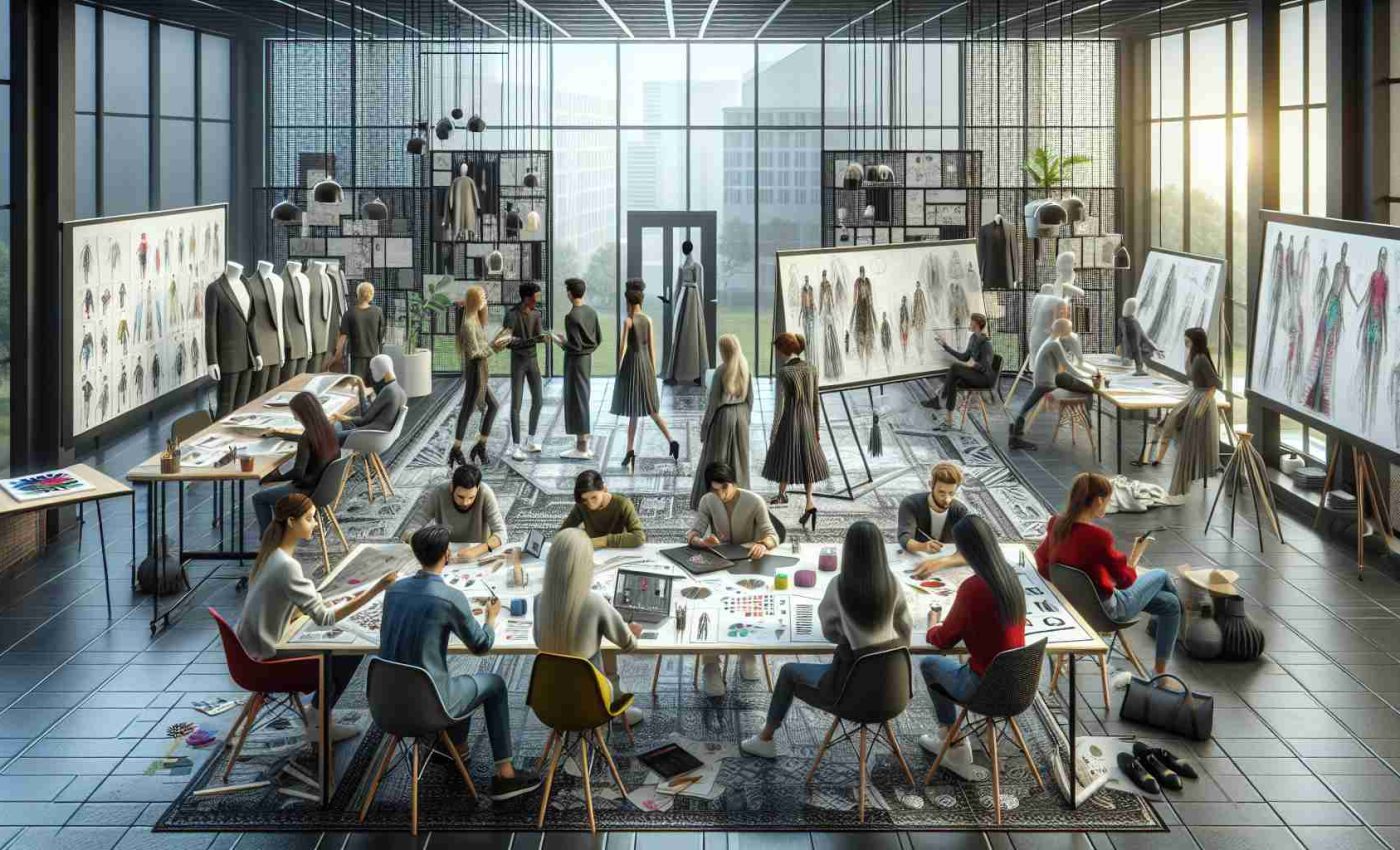 A high-definition, realistic image representing the exploration of new horizons in the fields of fashion and design. The scene should depict a diverse group of designers from various descents such as Hispanic, Middle-Eastern, Caucasian, and South Asian. The designers are engaged in collaborative brainstorming sessions on sustainable fashion sketches and futuristic interior design ideas. The setting is a modern, spacious, well-lit design studio with mannequins, fabric swatches, draft sketches, mood boards, and 3D models of furniture scattered around.