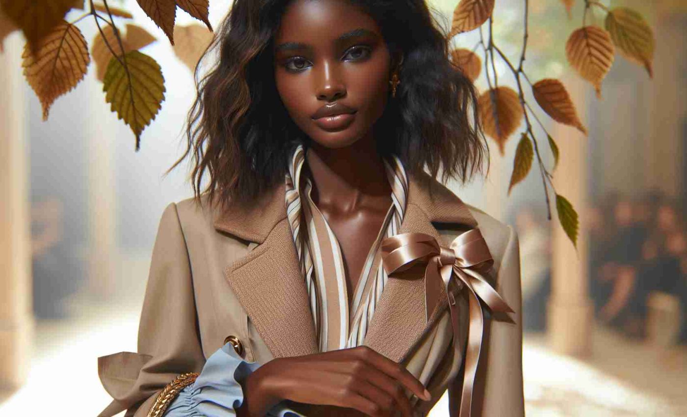 Generate a high definition, realistic image of a woman showcasing the ribbon trend for Fall 2024. She is elegantly dressed in season-appropriate apparel accented with tasteful ribbons. The woman can be of Black descent, possessing subtle grace and charm. The environment around her should evoke the feeling of autumn, with falling leaves and warm tones.